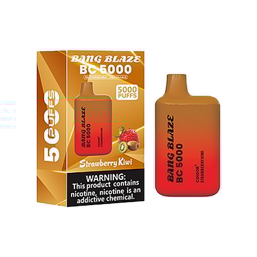 Bang Blaze Bc5000 Disposable Vape And Its Packaging, Labeled With Strawberry Kiwi Flavor, 5000 Puffs, And A Nicotine Warning.