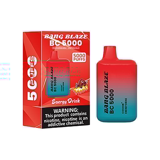 Bang Blaze Bc5000 Disposable Vape Device And Packaging In Red And Teal Gradient, Labeled For 5000 Puffs And Energy Drink Flavor, With A Nicotine Warning Displayed On The Box.