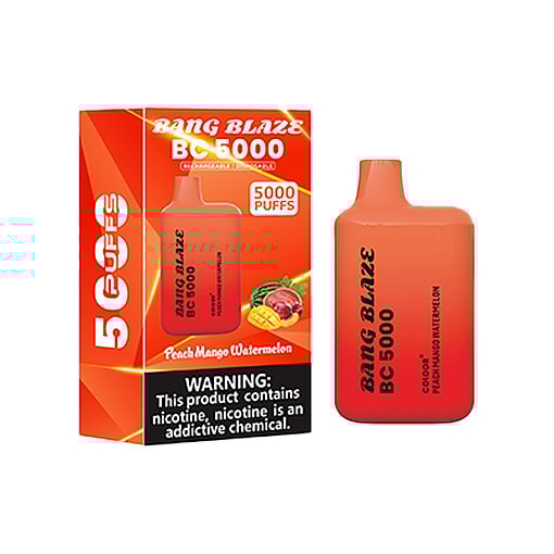 Bang Blaze Bc5000 Disposable Vape Device And Its Packaging Labeled Peach Mango Watermelon Flavor, With A Warning About Nicotine And Images Of Fruit On The Box.