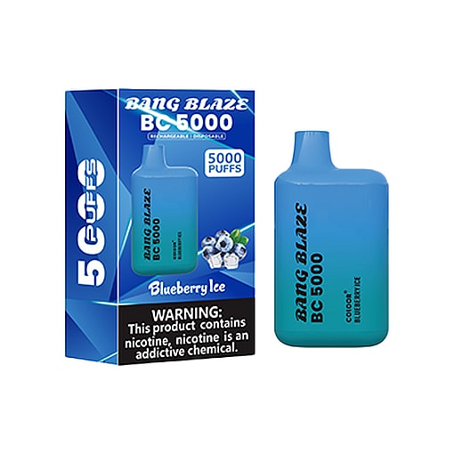 Bang Blaze Bc5000 Blueberry Ice Disposable Vape Device And Packaging, Featuring Product Details And A Nicotine Warning Label.