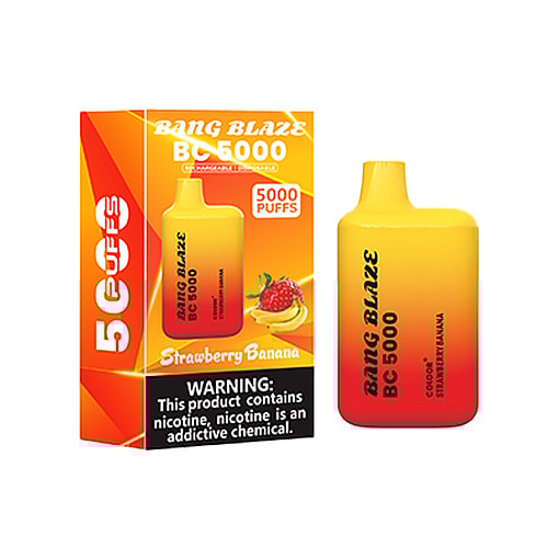 Bang Blaze Bc5000 Disposable Vape In Strawberry Banana Flavor, Featuring A Yellow And Red Gradient Device Next To Its Packaging Box, Which Displays Product Details And A Nicotine Warning.