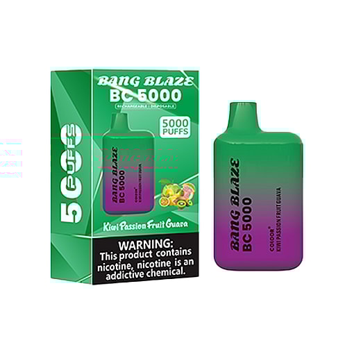 Bang Blaze Bc 5000 Disposable Vape Device And Packaging In Green And Purple, Labeled Kiwi Passion Fruit Guava Flavor, With A Warning About Nicotine Being An Addictive Chemical.