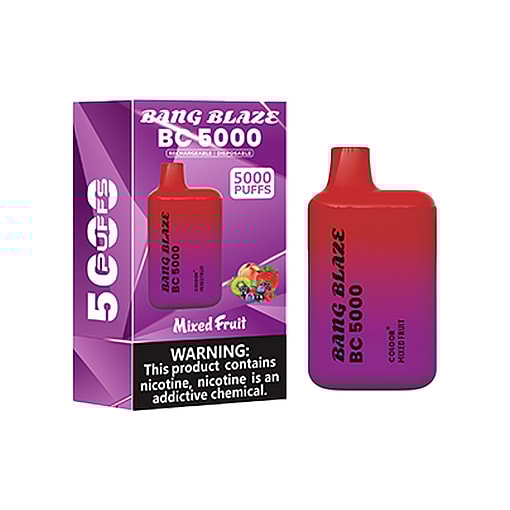 Bang Blaze Bc5000 Disposable Vape Device With Mixed Fruit Flavor, Featuring A Purple And Red Gradient Design, Shown Next To Its Packaging Box Labeled With 5000 Puffs And A Nicotine Warning.