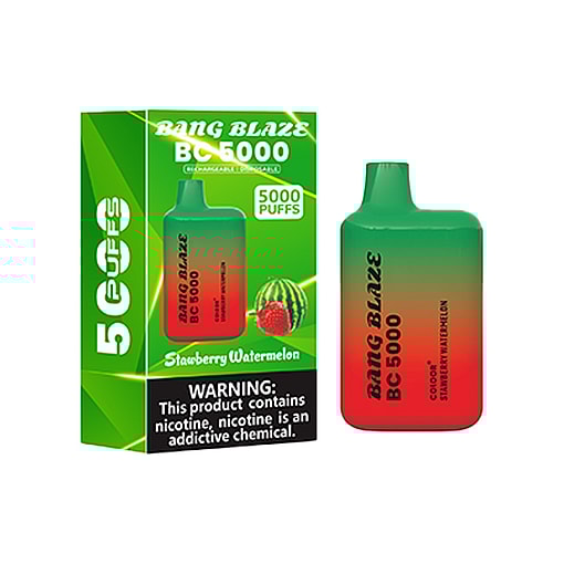 Bang Blaze Bc5000 Disposable Vape And Its Packaging With A Green And Red Gradient Design, Labeled Strawberry Watermelon Flavor, Featuring A Warning About Nicotine Addiction.