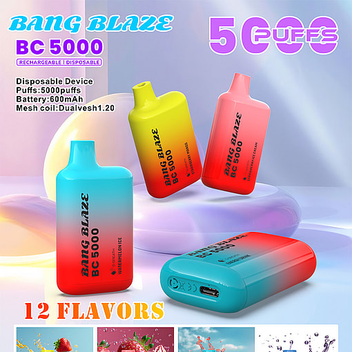 Bang Blaze Bc 5000 Rechargeable Disposable Vape Devices In Various Colorful Designs, Featuring 5000 Puffs And 12 Available Flavors, Displayed With Product Specifications And Fruit Imagery In The Background.