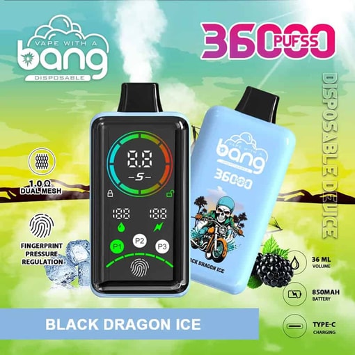 Bang Vape の Black Dragon Ice フレーバーのプロモーション グラフィック。Vape デバイスのデジタル ディスプレイ、製品の機能、ブラックベリーとミントの葉に囲まれた黒いドラゴンとバイクのイラストを使用したデザインが紹介されています。