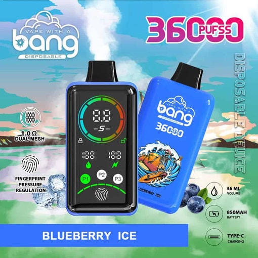 36,000回の吸引が可能でブルーベリーアイス風味の「Bang」という使い捨てベイプデバイスの広告。デジタルスクリーン、ブルーベリーとアイスキューブの画像を備えた2つの青いベイプユニットを搭載し、1.0Ωデュアルメッシュ、指紋圧力調整、36ml容量、850mAhバッテリー、Type-C充電などの製品機能を備えています。