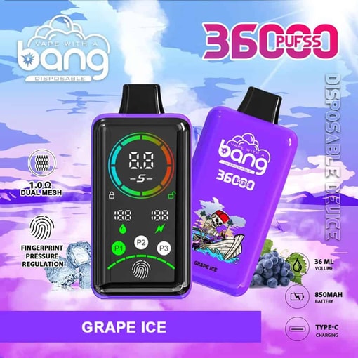 デジタル コントロールと「グレープ アイス」フレーバーのラベルが付いた、パープル バン使い捨て Vape デバイスの広告。漫画の海賊、ブドウ、アイス キューブが描かれており、製品仕様には 36,000 パフ、36 ml 容量、850 mAh バッテリー、USB-C 充電が含まれます。