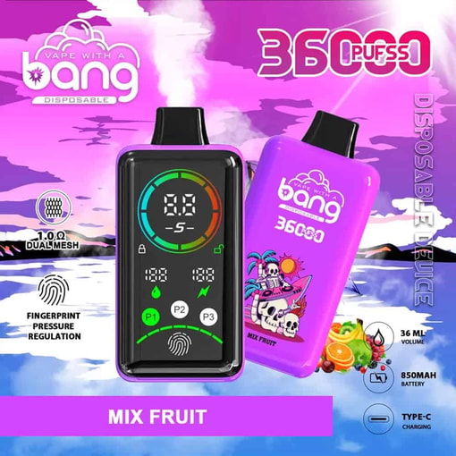 Bang 使い捨て Vape のプロモーション画像。デジタル ディスプレイ付きの 2 つのカラフルな Vape デバイス、トロピカル スカルのグラフィック、36,000 パフ、ミックス フルーツ フレーバー、指紋圧力調整、1.0Ω デュアル メッシュ コイル、36 ml 容量、850 mAh バッテリー、Type-C 充電などの製品機能が、鮮やかな紫とピンクの背景に設定されています。