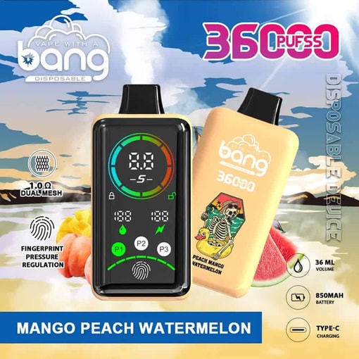 桃、マンゴー、スイカのフレーバーを特徴とする Bang 使い捨て Vape のプロモーション画像。36,000 パフ、指紋圧力調整、1.0Ω デュアル メッシュ、36 ml 容量、850 mAh バッテリー、Type-C 充電などの機能を強調し、製品ビジュアルと、ゴム製のアヒルのプール フロート内のフルーツとスケルトンのイラストを使用しています。