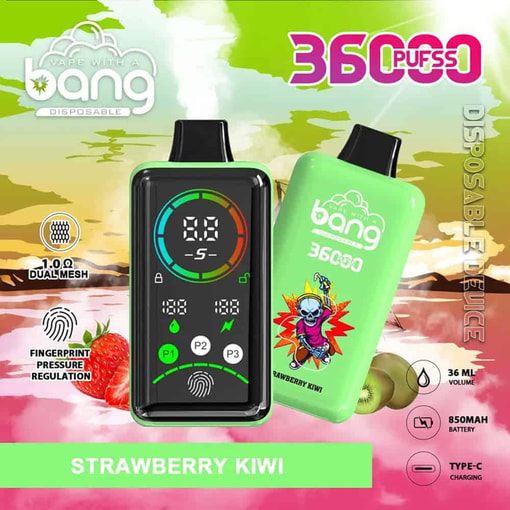 A Bang 使い捨て Vape デバイス (ストロベリー キウイ フレーバー) のプロモーション画像。カラフルなグラフィック、デジタル ディスプレイ、指紋圧力調整機能を備えた 2 つのグリーン Vape デバイスと、36,000 パフ、36 ml 容量、850 mAh バッテリー、Type-C 充電などの主な機能を備えています。