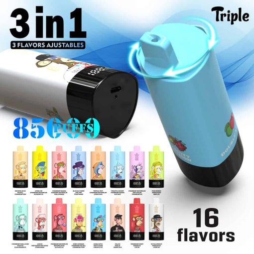Imagen promocional de un dispositivo de vapeo de triple sabor que muestra sabores ajustables 3 en 1, 8500 bocanadas y 16 opciones de sabor ilustradas. Bang King Triple 85000