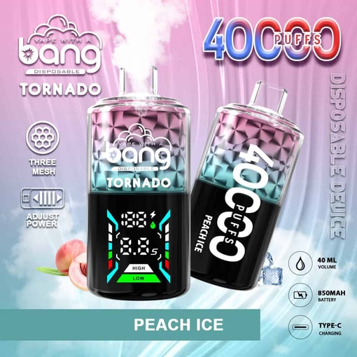 Dispositivos de vapeo desechables Bang Tornado 40000 en sabor Peach Ice, con diseños degradados de colores, pantalla digital y resaltando 40,000 bocanadas, bobina de tres mallas, potencia ajustable, volumen de 40 ml, batería de 850 mAh y carga tipo C.