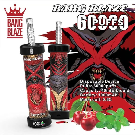 Dispositivo de vape desechable de Bang Blaze con un diseño rojo con temática del diablo, etiquetado con sabor de 'menta cereza', con detalles del producto, cerezas y hojas de menta a un lado.