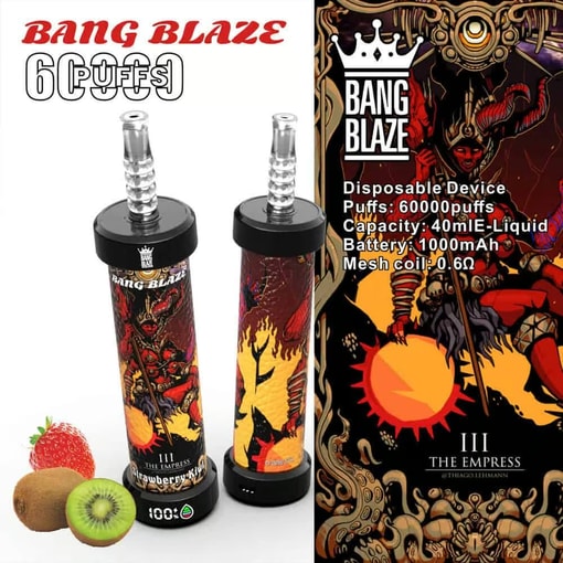 Dispositivos de vape desechables de Bang Blaze con embalajes coloridos con una ilustración de la emperatriz de fantasía, frutas de fresa y kiwi, y especificaciones detalladas de productos que incluyen 60000 bocanadas, 40 ml de capacidad de líquido E, batería de 1000 mAh y bobina de malla.