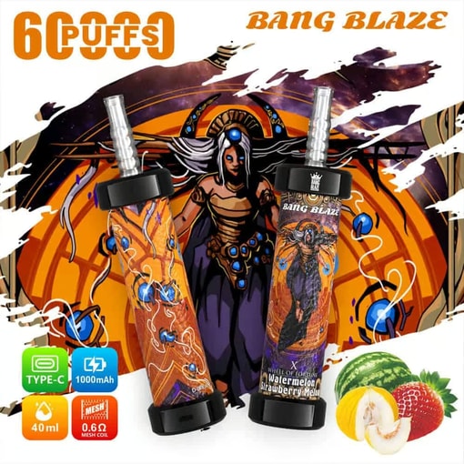 Dos dispositivos de vape coloridos con un personaje de fantasía inspirado en egipcio con un disfraz elaborado, rodeado de naranjas, púrpuras y diseños giratorios, con ilustraciones de frutas y especificaciones de productos para sabores de sandía, fresa y melón.
