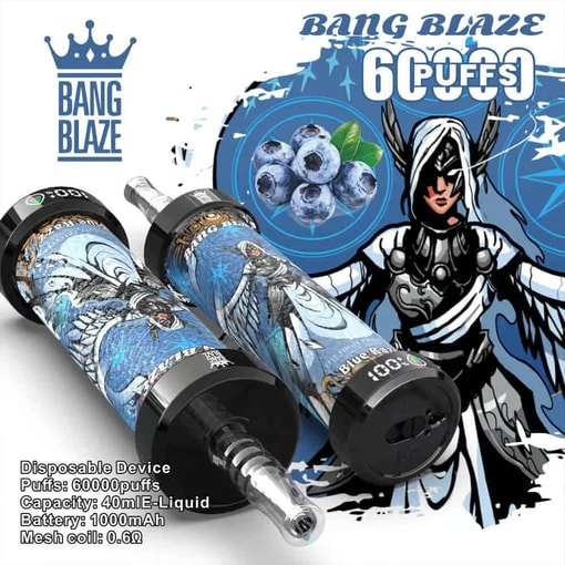 Dispositivo de vape desechable de Bang Blaze en azul con obras de arte guerreras femeninas de fantasía, gráfico de arándanos y especificaciones de productos para 60,000 bocanadas, 40 ml de e-líquido y batería de 1000 mAh.