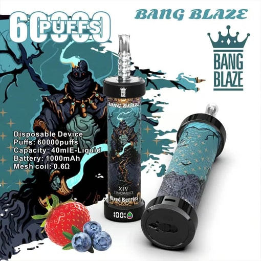Imagen promocional para vape desechable de Bang Blaze con dos dispositivos ilustrados de vape con obras de arte de fantasía, especificaciones de productos e imágenes de fresas y arándanos que indican sabor a bayas mixtas.
