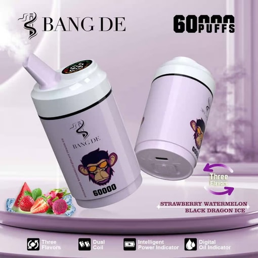 Immagine promozionale per il dispositivo di svapo usa e getta Bang De con un design a forma di lattina viola con un logo a forma di scimmia, testo che evidenzia 60.000 tiri, tre gusti (fragola, anguria, ghiaccio al drago nero) e icone per le caratteristiche principali come doppia bobina, indicatore di potenza intelligente e indicatore digitale dell'olio.