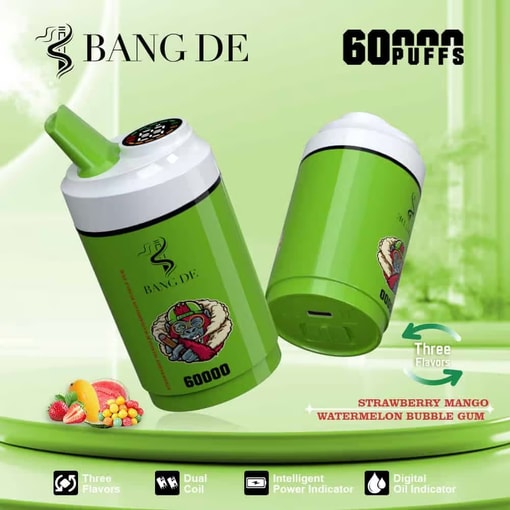 Dispositivo Bang De Vape di colore verde con 60.000 tiri, tre gusti (fragola e mango, anguria e gomma da masticare), doppia bobina, indicatori intelligenti di potenza e livello dell'olio e marchio del prodotto con il logo di una scimmia dei cartoni animati.