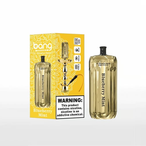 Guldfärgad vape-enhet märkt 'Blåbärsmint' bredvid sin klara gula förpackning, som har en illustration av en vattenpipa och en varning för nikotin.