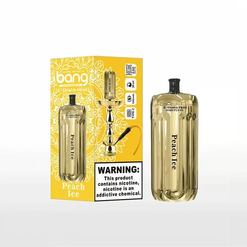 Bang Peach Ice-smaksatt E-Shisha Head-enhet och dess gula förpackning med blommönster, produktinformation och varning för nikotin.