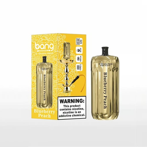 Bang E-Shisha Head engångsvape i smaken Blåbär Persika, med guldfärgad förpackning och enhet, samt en tydlig varning för nikotin på lådan.