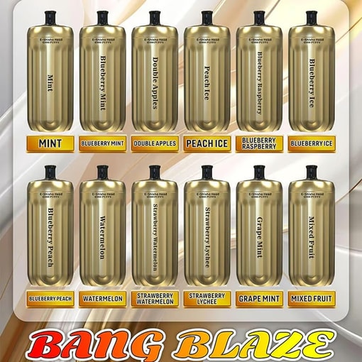Uppvisning av tolv guldfärgade Bang Blaze engångsvape-enheter i olika smaker, inklusive mint, frukt och kombinationer som blåbärsmint, persika is, dubbeläpple, vattenmelon med flera, alla märkta med sin specifika smak.