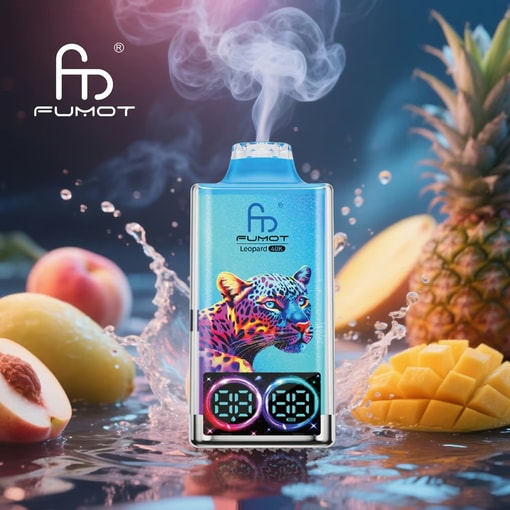 Dispositivo vape Fumot Leopard 40K colorato con display digitale e grafica leopardata, circondato da schizzi d’acqua e frutti assortiti tra cui pesca, ananas e mango in un ambiente tropicale vibrante.