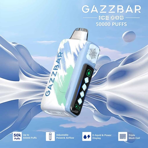 Gazzbar Ice God vape device floating against an icy blue, abstract background with text indicating up to 50,000 puffs, adjustable power and airflow, e-liquid and power display, and triple mesh coil features.