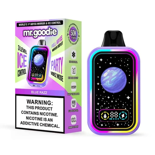 Mr. Goodie Blue Razz Disposable Vape Device And Packaging Featuring A Colorful Outer Box With Product Branding, Features, A Large Nicotine Warning Label, And The Device Itself, Which Has A Digital Display With A Space-Themed Design Showing A Purple And Blue Planet With Stars.