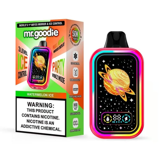 Dispositif et emballage jetables colorés Mr.goodie Watermelon Ice avec une illustration lumineuse de la planète semblable à Saturne, des caractéristiques du produit et une étiquette d'avertissement de nicotine.