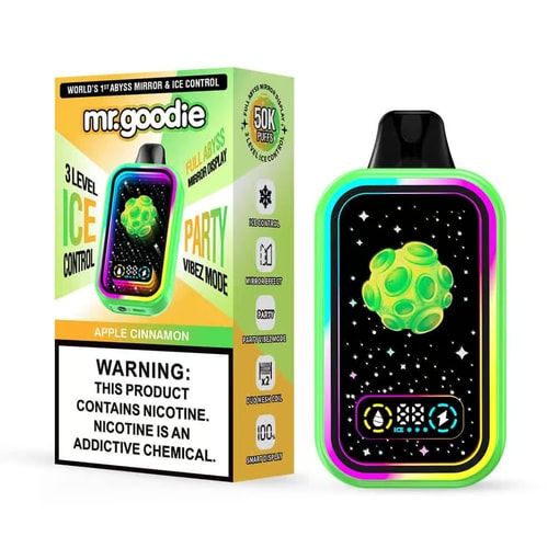 Dispositif et emballage de vape jetables Mr.goodie Apple Cinnamon, doté d'un design coloré, de caractéristiques du produit, d'une étiquette de saveur et d'une déclaration d'avertissement sur la nicotine.
