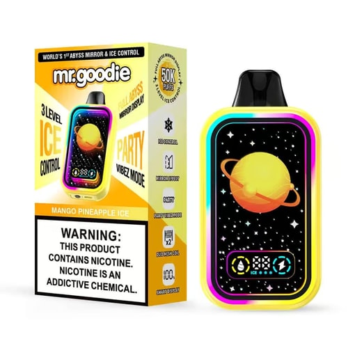 Appareil et emballage jetables Mr. Goodie Mango Pineapple Ice présentant un design vibrant avec une planète jaune et une bordure néon colorée, ainsi que des avertissements importants concernant la teneur en nicotine et les caractéristiques du produit telles que l'affichage miroir Abyss et le contrôle de la glace.