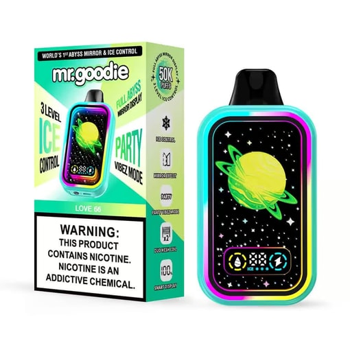Emballage et dispositif colorés pour vape jetable Mr.goodie avec un design sur le thème de l'espace, comportant une planète jaune-verte, des caractéristiques du produit et une étiquette d'avertissement de nicotine.
