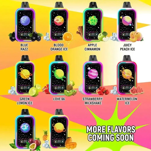 Des appareils de vape colorés dans diverses saveurs de fruits, chacun avec un design sur le thème de l'espace, affichés au-dessus des images de fruits et de glaçons correspondants, avec un texte répertoriant des saveurs comme le Blue Razz, la glace à l'orange sanguine, la pomme cannelle, la glace à la pêche juteuse, etc.