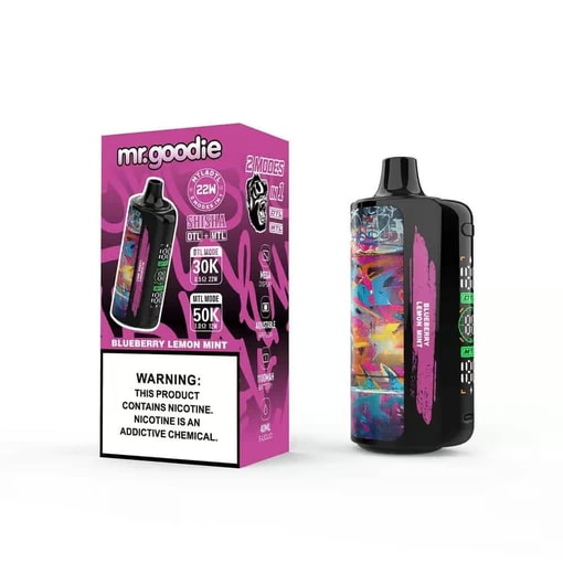Mr. Goodie ブルーベリーレモンミント ベイプ デバイスとパッケージ。カラフルな抽象的なデザイン、製品仕様、ニコチン警告ラベルが特徴です。