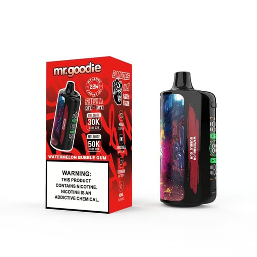 Mr. Goodie スイカ バブルガム使い捨て Vape デバイスが、赤い小売用パッケージの横に表示されています。フレーバーと技術的な詳細、カラフルなデザイン、およびニコチン警告ラベルが特徴です。