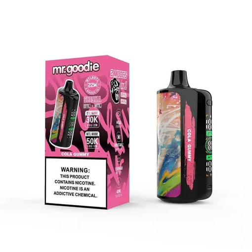 カラフルな抽象的なアートワークと目立つニコチン警告ラベルを特徴とする、Mr. Goodie Cola グミ ベイプ デバイスとパッケージ。