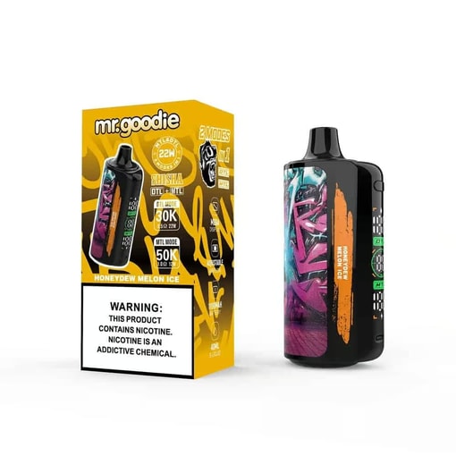 Mr. Goodie Honeydew Melon Ice 使い捨て Vape デバイスとボックス。カラフルなグラフィティ スタイルのデザインとニコチン警告ラベルが付いています。