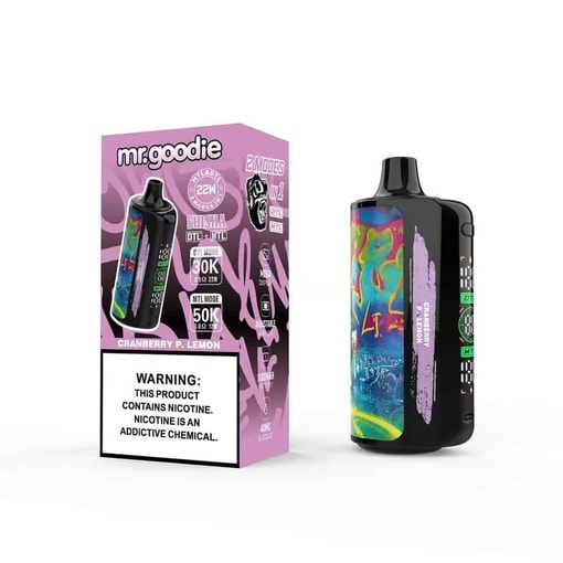 カラフルな抽象的なデザインが特徴の Mr. Goodie Cranberry P. Lemon 使い捨て Vape デバイス。製品の詳細とニコチン警告ラベルが記載された紫色のパッケージの横に掲載されています。