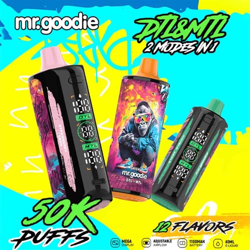 Kleurrijke advertentie voor mr.goodie wegwerp-vapes met drie vape-apparaten, waarvan één met het ontwerp van een gorilla met zonnebril, met 50.000 trekjes, 12 smaken, twee modi (DTL en MTL) en functies zoals instelbare luchtstroom en een 1100 mAh-batterij op een levendige achtergrond in graffiti-stijl.