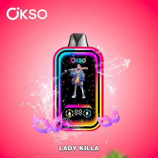 Färgstark Okso Vape-enhet märkt 'Lady Killa' med en livfull tecknad karaktär i hiphop-stil, mot en rosa bakgrund med vattenstänk och två lila maskeradmasker.