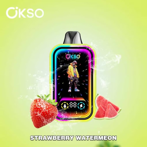 Färgstark Vape-enhet med regnbågs-LED-ram, med en stiligt klädd person i färgstark streetwear, omgiven av stänk och bilder av jordgubbe och vattenmelon på ljusgrön bakgrund, märkt som smaken Strawberry Watermelon.