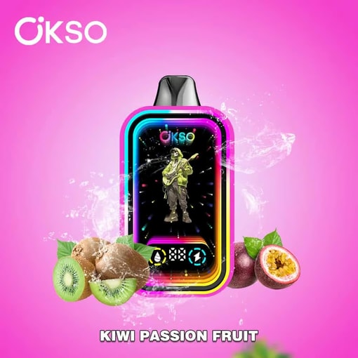 Färgstark Okso Vape-enhet med digital display som visar en gitarrist, omgiven av stänk av kiwi och passionsfrukt på rosa bakgrund, med texten 'Kiwi Passion Fruit' längst ner.