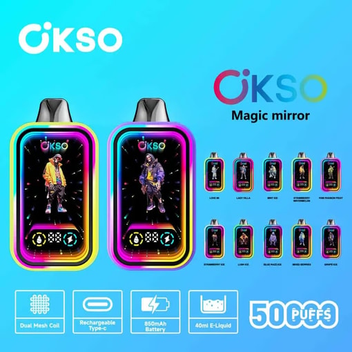 Promotionsbild för Okso Magic Mirror Vape, med två färgglada vape-enheter med illustrerade karaktärer på skärmarna, ett urval av smaker och produktfunktioner som dubbla mesh-coils, laddningsbar Type-C, 850 mAh-batteri, 40 ml e-vätska och 5000 bloss.