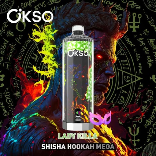 Illustrazione colorata di una figura maschile demoniaca con occhi rossi luminosi ed elementi infuocati, dietro un grande narghilè shisha di marca Okso con l'etichetta Lady Killa, con simboli mistici e scritte al neon sullo sfondo.