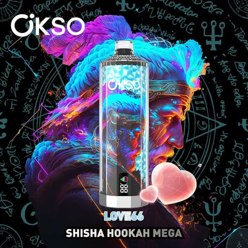 Colorato dispositivo per shisha e narghilè con le etichette "Okso", "Love66" e "Shisha Hookah Mega" su uno sfondo astratto dai colori neon vivaci, decorato con simboli mistici e scritte a mano.