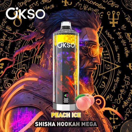 Dispositivo Mega Vape Okso Peach Ice Shisha Hookah davanti a un'illustrazione in stile cyberpunk di un uomo barbuto con occhiali da sole e luci al neon, con simboli mistici e testo scritto a mano sullo sfondo.