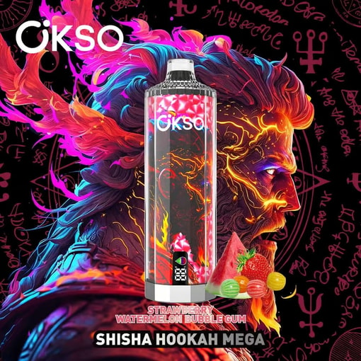 Dispositivo Mega Vape Okso Shisha Hookah con fragole, anguria e caramelle gommose in primo piano, sullo sfondo un'illustrazione vivace e infuocata del volto di un uomo con capelli color neon e simboli mistici.